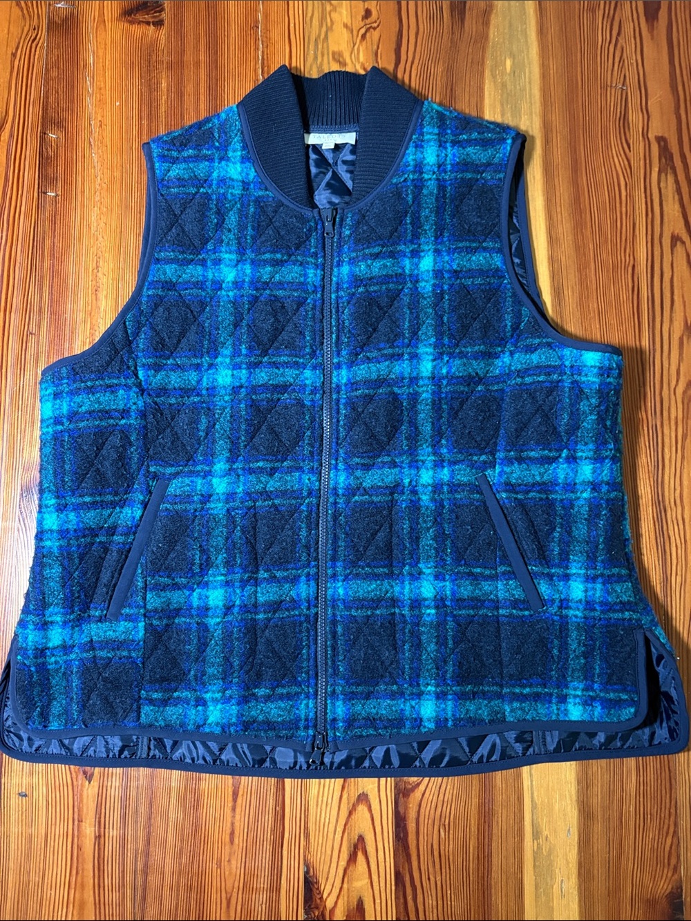 Talbots Plaid Quilted Wool Blend Vest, Size XL